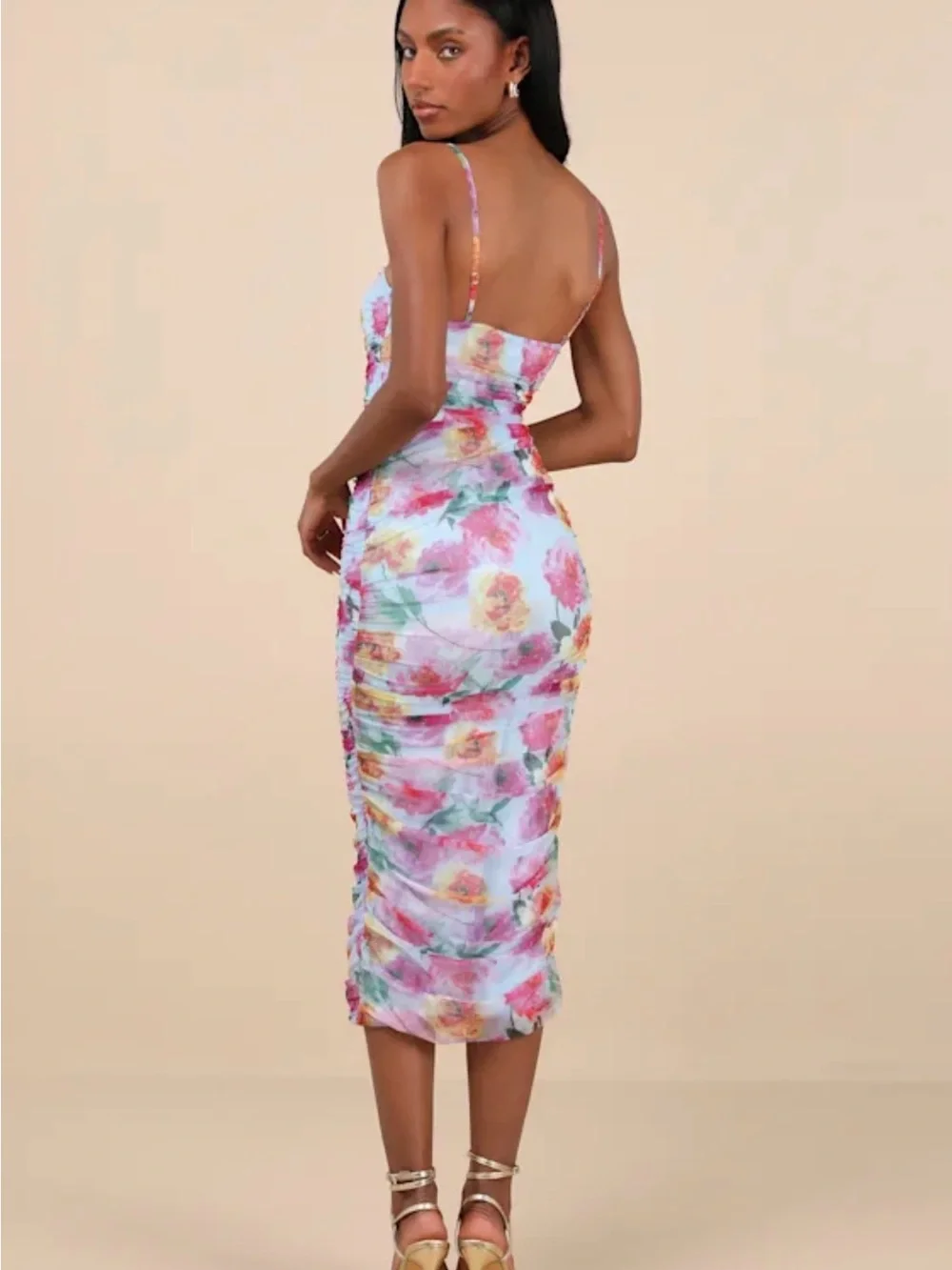 Lulu's Multi Floral Ruched Midi Dress - Picture 4 of 8